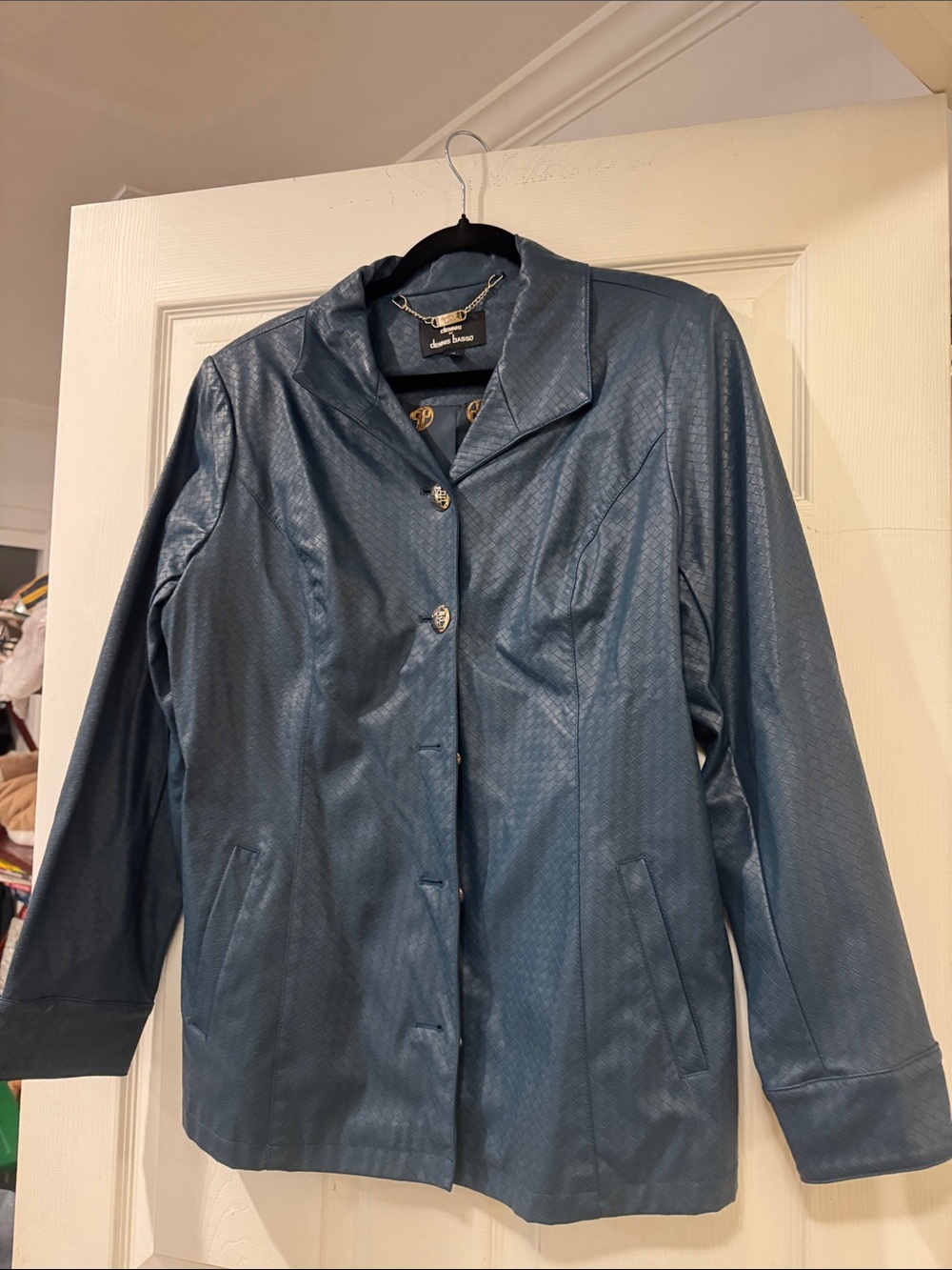 dennis basso Teal-Blue Faux Leather Button Jacket
